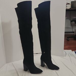 Zara Black Suede Over the Knee Boots Block Heel Women's Size 7.5 US / 38 EU